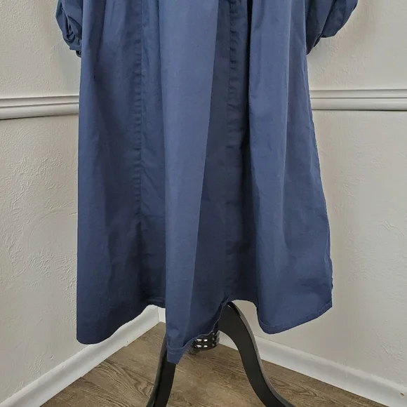 Eshakti Dress Bishop Sleeve Cotton Poplin Pleated Navy Blue Modest Classic Midi - Picture 8 of 15